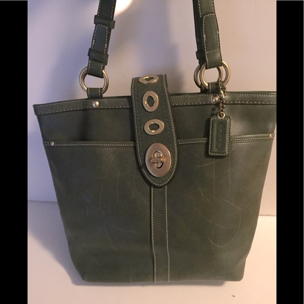 Coach Green Leather Turnlock Legacy Shoulder Tote
